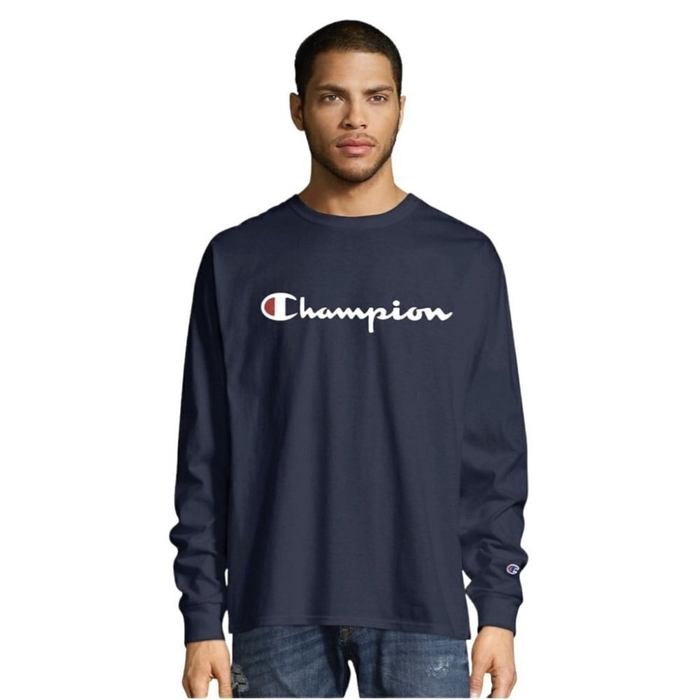 Champion Navy Blue Logo Long Sleeve Crew Neck Unisex Tee Size S